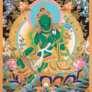 Green Tara High-Quality Hand-Painted Thangka with Detailed Finishing | Tibetan Thangka Tara | Buddhist Artwork | One of a Kind Tara Thanka