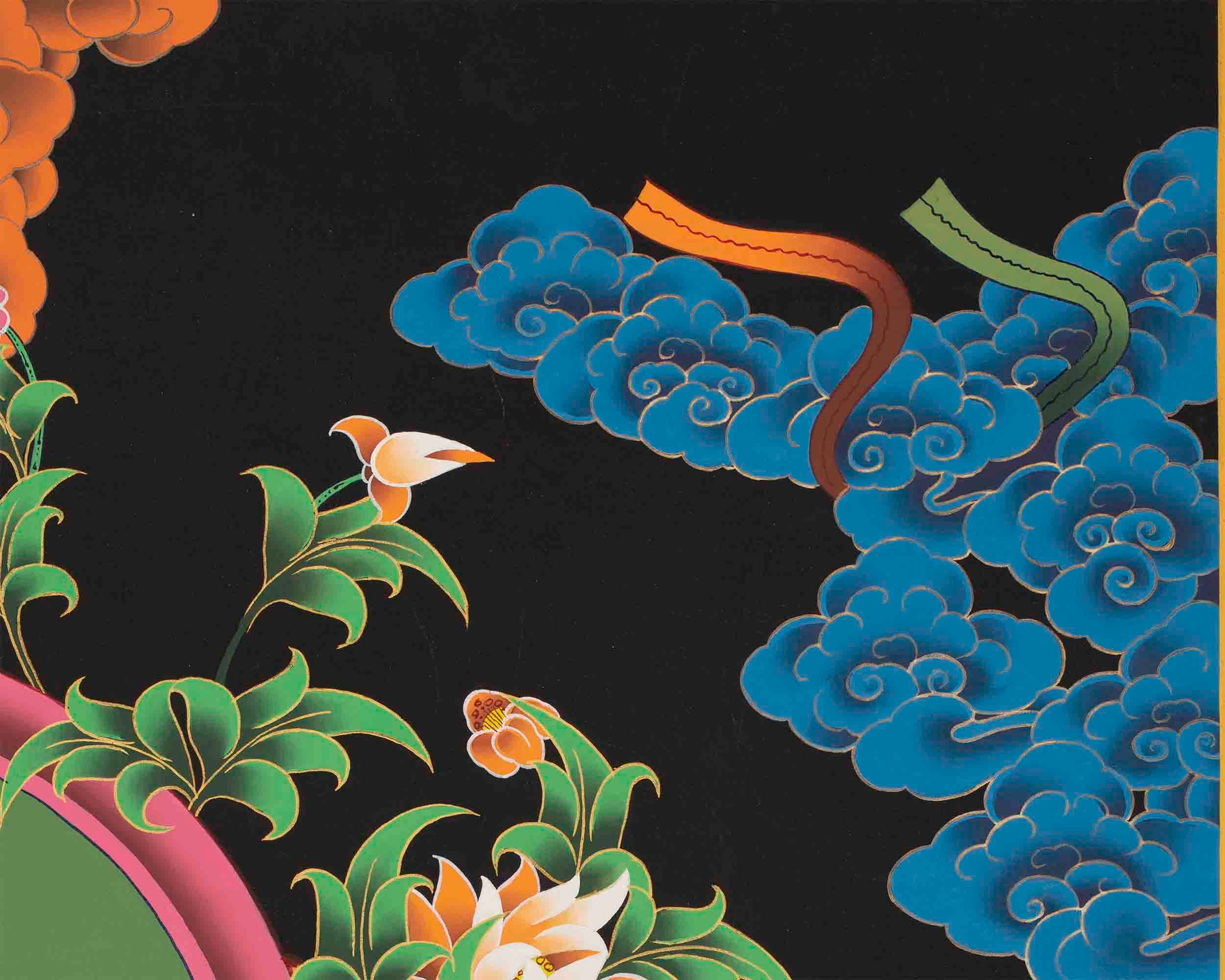 文殊菩薩タンカ（阿弥陀如来、観音菩薩、金剛般若菩薩）｜チベット菩薩 