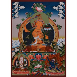 Manjushri Thangka | Wisdom Buddha with Chenrezig & Vajrapani | Tibetan Buddhist Altar | Wall Hanging | Vajrayana Buddhism | Yoga Room Decor