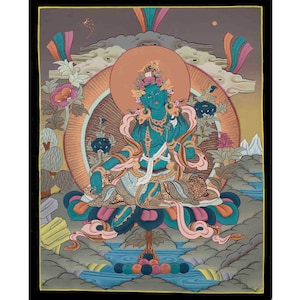 Green Tara Thangka Painting | Beautifully Hand-Painted in Canvas Cotton | Tibetan Wall Hanging | Female Bodhisattva | Housewarming Gifts