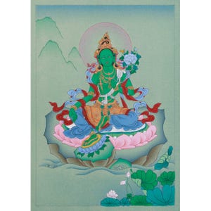 May include: A vibrant painting of a green-skinned deity seated on a pink lotus flower. The figure wears gold jewelry, a crown, and blue and orange garments. A halo surrounds the head, and the background features mountains and a light green hue.