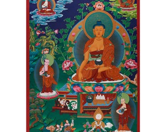 Vajrayana Thangka of Historical Gautama Buddha | Hand-Painted Shakyamuni Buddha | Featuring Vairocana, Amogasiddhi and Disciples | Home Deco