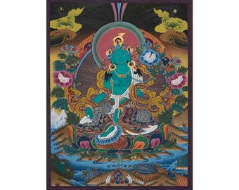 Grüne Tara Thangka-Gemälde | Göttin des Mitgefühls | Mutter des Schutzes | Weiblicher Bodhisattva Arya Tara | Perfekt für Wohn- und Bürodekoration