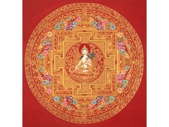 White Tara Mandala Traditional Buddhist Art Tibetan Painting Wall