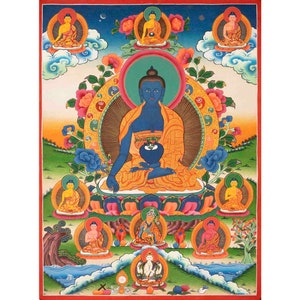 Original Handbemalter Thangka Von Medizin Buddha Flankiert von Bodhisattvas | Bhaisajyaguru Tibetanischer Blauer Buddha | Tibetanisches Wanddekor