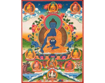 Pintura Thangka Vintage dos Oito Budas da Medicina | Arte Budista Tibetana de Meados da Década de 1990 | Decoração Sagrada de Parede do Himalaia