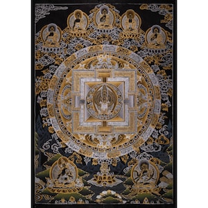 Originele handgeschilderde Lokeshvara Mandala Thangka-schilderij in goud- en zilverstijl | Tibetaans boeddhistische bemiddeling en yogakunst | Wanddecoratie: