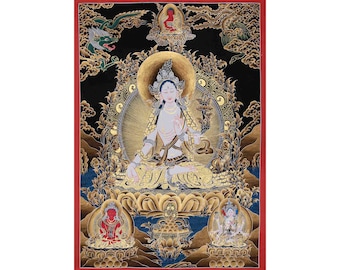 Echte handbemalte weiße Tara | Muttergöttin | Weiblicher Bodhisattva | Tibetische buddhistische Künste | Beschützer, Heilung und Mitgefühl | Für Geschenke