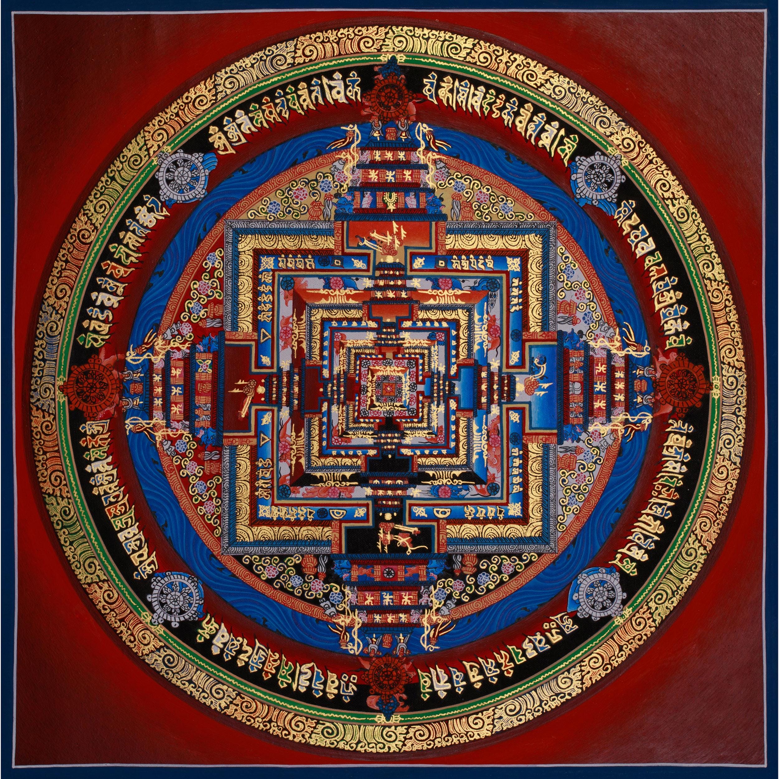 時輪壇城　手描き描金　唐卡　黒金色絵画　仏教　お寺　美術品 骨董品　縁起物　菩薩 カーラチャクラ曼荼羅タンカ｜時の輪 チベット美術作品｜平和、瞑想