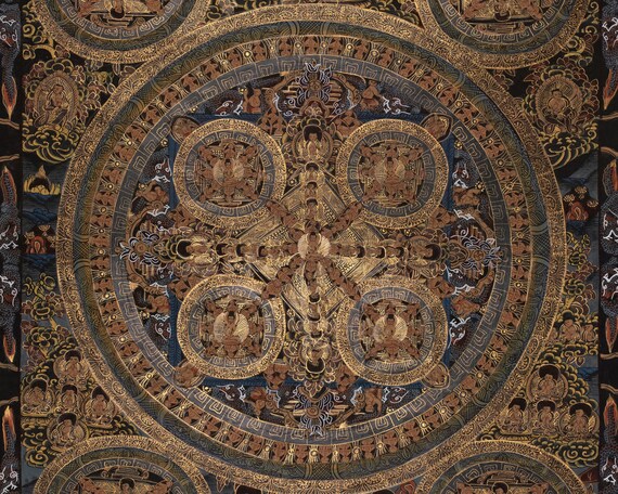 チベット仏教曼荼羅タンカ｜黒と金の神聖な壁掛けアート｜瞑想と精神的