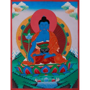 Buddha der Heilung Thangka | Handbemaltes Medizinbuddha Thangka | Tibetanische Heilkunst | Bhaisajyaguru Wanddekor | Spirituelle Meditation