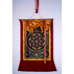 Vintage Buddhist Mandala Thangka  in Elegant Brocade | Original Hand Painted Thangka Painting of Buddha Mandala | Tibetan Art for shrine