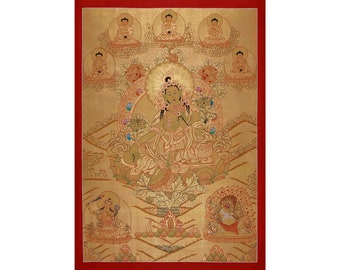 Volle grüne Tara im 24-Karat-Gold-Stil | Original handbemaltes tibetisches Bodhisattva Thangka | Heilende Göttin | Kunstmalerei für Yoga und Meditation