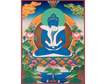 Samantabhadra Thangka | Kuntu Zangpo Painting | Primordial Buddha Tibetan Buddhist Sacred Artwork | Spiritual Home Decor