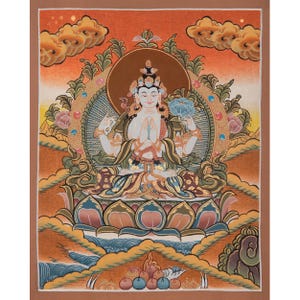 Small Size Wall Decor Chengrezig Thangka | Original Hand-Painted | Wall Hanging Decoration for Relaxation |  Eternal Loving and Kindness
