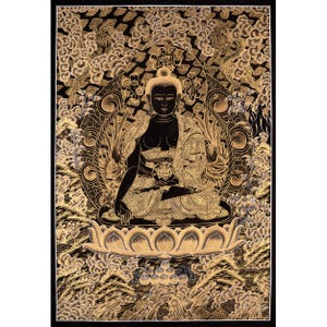Schwarz und Gold Stil Medizin Buddha | Original Handgemaltes tibetisches Thanka | Heilender Buddha | Anhänger | Meditations Altar | FÜR GESCHENKE!