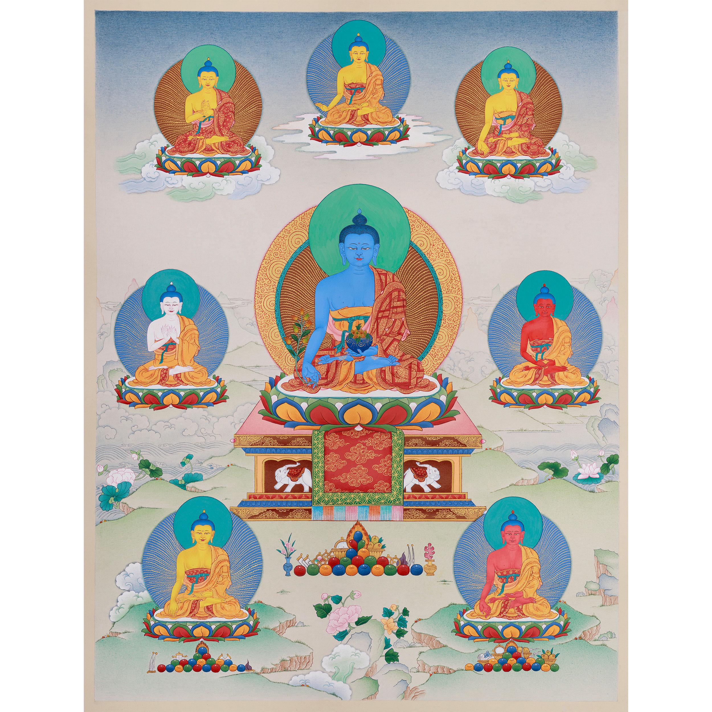 Tibetan Eight Medicine Buddha | Thangka of Healing & Protection