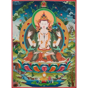 Avalokitesvara Chengrezig Thangka | Bodhisattva of Compassion | Mindfulness Meditation Object of Focus For Our Wellbeing | Tibetan Buddhism