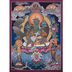 Green Tara Thangka | Original Hand Painted Healing Female Deity | Healing Tara Painting | Art Painting for Meditation and Good Luck to house