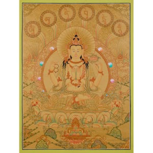 4-Arm Chenrezig Bodhisattva Painting on Cotton Canvas | 24K Gold Embellishments | Hand-Painted Tibetan Thangka Artwork | Om Mani Padme Hum