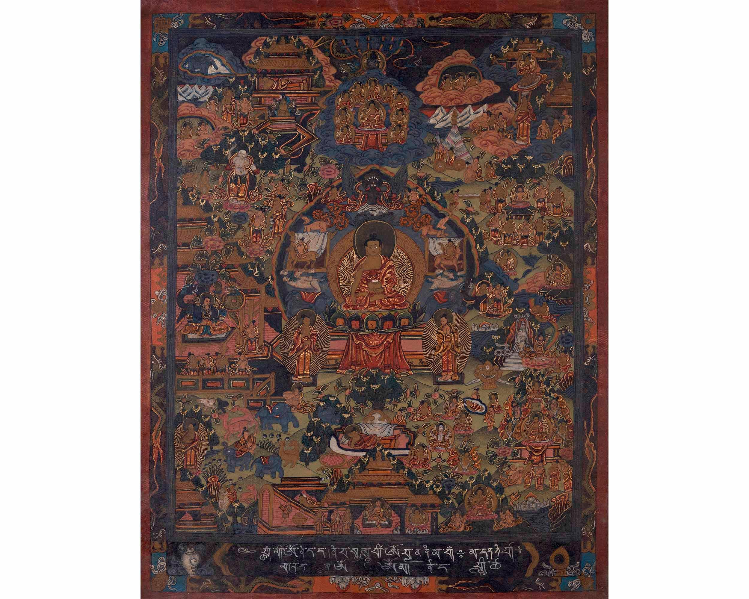 油彩ニス仕上げの仏陀生涯物語タンカ｜仏陀の悟りへの旅を描いた