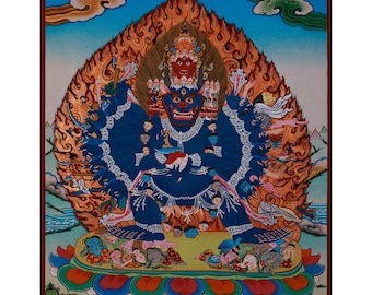 Wrathful Yamantaka Thangka | Protector Deity Artwork | 24K Gold Hand-Painted Tibetan Thangka for Meditation and Transformation | Home Decor