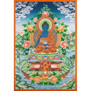 Healing Medicine Buddha Thangka | Bhaisajyaguru Tibetan Art | Spiritual Wall Decor | Buddhist Healing Thangka | Exclusive Eri Style Artwork