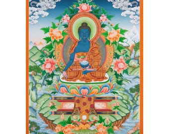 Pintura Thangka do Buda da Medicina, Arte Tibetana, Decoração de Parede Budista, Arte Feita à Mão