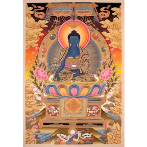 Medicine Buddha Thangka | Bhaisajyaguru Original Hand-Painted Tibetan Healing Art | Wall Decor Painting | Art Painting for Meditation & Yoga