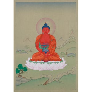 Original Hand-Painted Traditional Amida Buddha Thangka | 24K Gold & Natural Stone Colors | Amitabha Pure Land Wall Art | Meditation Altar