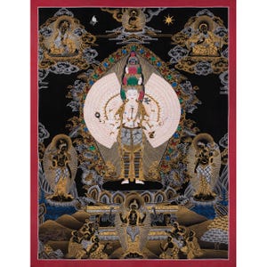 Black And Gold Original Hand Painted 1000 Armed Avalokiteshvara Tibetan Thangka | Bodhisattva Guanyin Chengrezig | Wall Hanging For Yoga