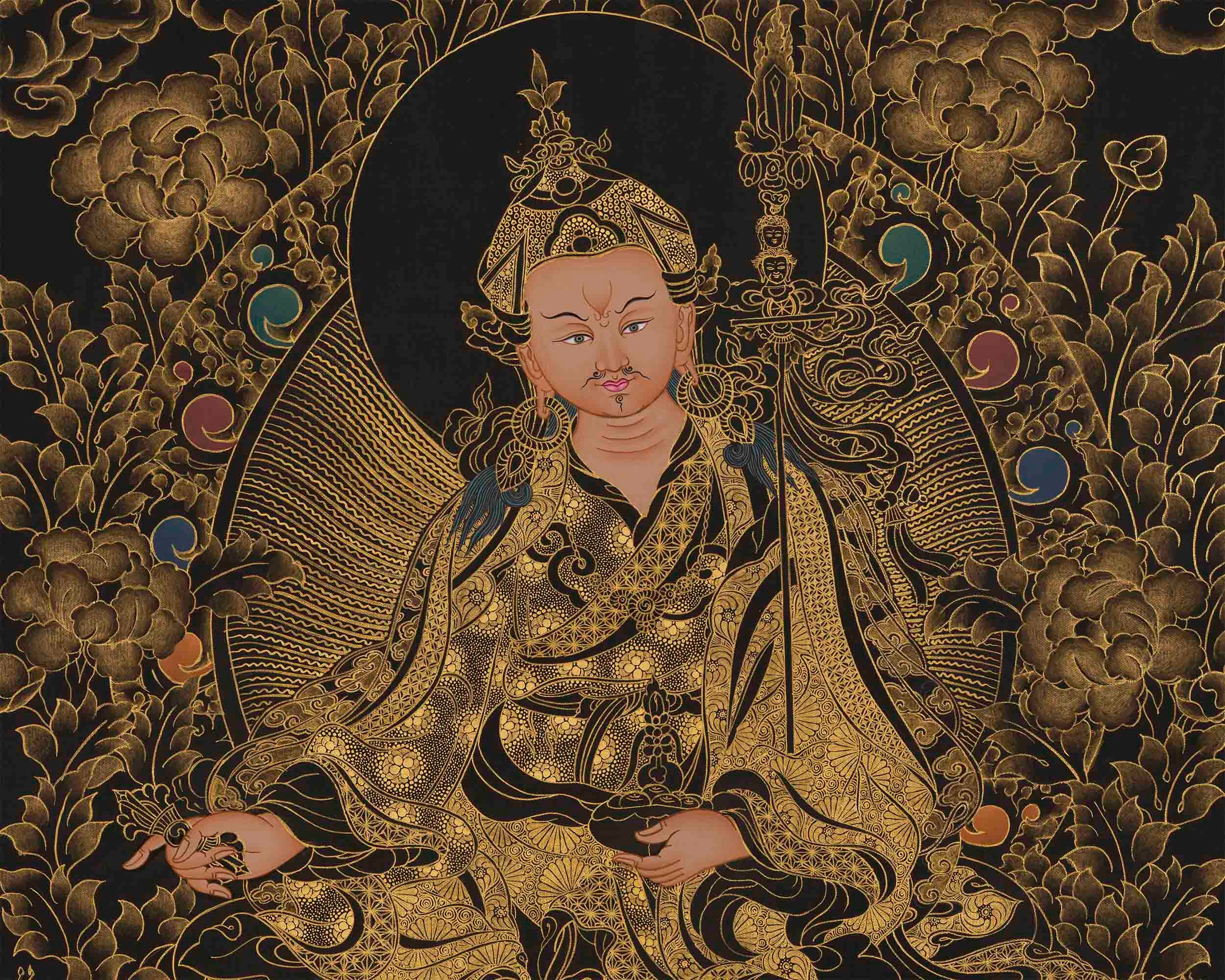 金色のグル・リンポチェ・タンカ：手描きのチベット美術（13x19