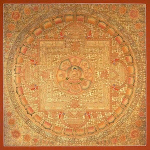 Shakyamuni Buddha Mandala Surrounded By Auspicious Symbols | Tibetan Wall Hanging Mandala for Good Luck | Art Painting for Meditation