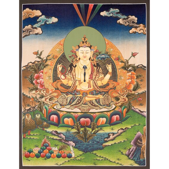 4本腕の観音菩薩 | 慈悲の神アート | チベット仏教タンカ | コットン