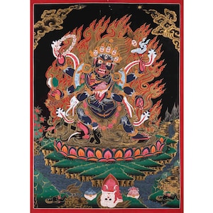 タンカアート 6本の腕を持つ白いマハーカーラタンカ | 仏教の怒りの神絵画 | 富と