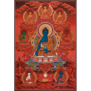 Healing Buddha with Five Dhyani Buddhas Thangka | Tibetan Medicine Buddha Art | Sacred Buddhist Wall Decor | Spiritual Meditation Artwork
