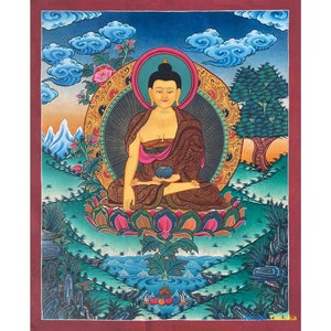 Small Size Shakyamuni Buddha Thangka | Original Tibetan Buddhist Religious Painting For Practitioner | Art Painting For Meditation and Yoga