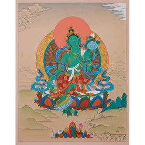 Tibetan Buddhist Deity Green Tara | Hand-Painted Shyama Tara Thangka | Goddess of Compassion and Healing | Spiritual Protection | Home Decor