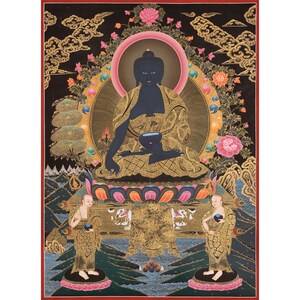 Medizin Buddha Thangka | Bhaisajyaguru Original Handgemaltes Tibetisches Heilkunst | Wandbehang für Ruhe und Harmonie | Heilige Wanddekoration