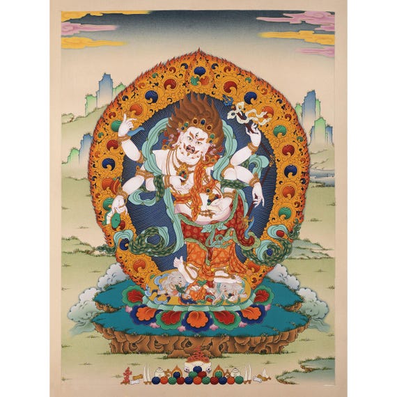 ホワイト・マハカラ・タンカ版画：チベットのキャンバスアート作品