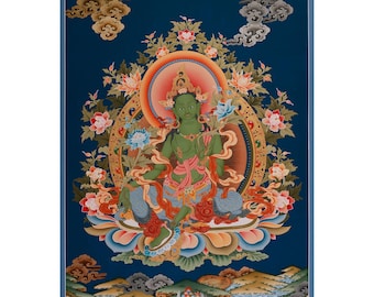 May include: A traditional Tibetan thangka painting depicting a green deity, likely a form of Tara, seated on a lotus throne. The deity is adorned with jewelry and surrounded by intricate floral patterns and clouds. The painting is set against a dark blue background.