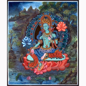 Shyama Tara Thangka Kunst: Handgemalte buddhistische Göttin, 24K Gold