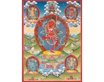 Vajravarahi Thangka | Dorje Phagmo mit fünf Weisheits-Dakinis | Handgemaltes tibetisch-buddhistisches Tantra-Kunstwerk | Heilige Wandkunst | Himalaya-Thangka