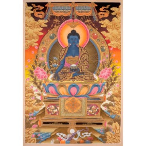 Medicine Buddha Thangka | Bhaisajyaguru Original Hand-Painted Tibetan Healing Art | Wall Decor Painting | Art Painting for Meditation & Yoga