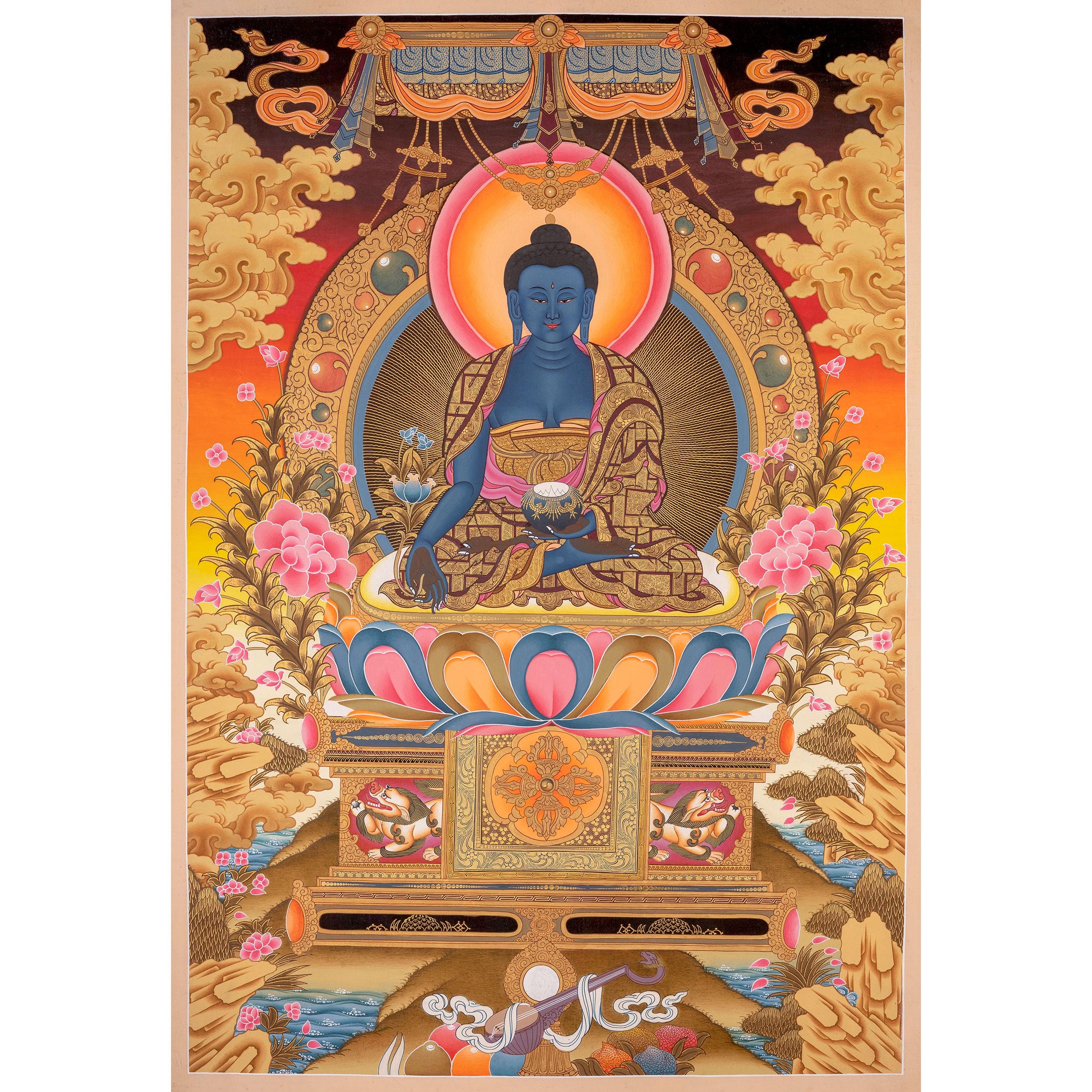 Medicine Buddha Thangka Painting, Tibetan Buddhist Art, Handmade