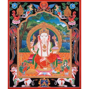 High-Quality Print of Ganesha Thangka for Removing Obstacles | Digital Printing | Religious Wall Decor | Sacred Wall Art for Prosperity