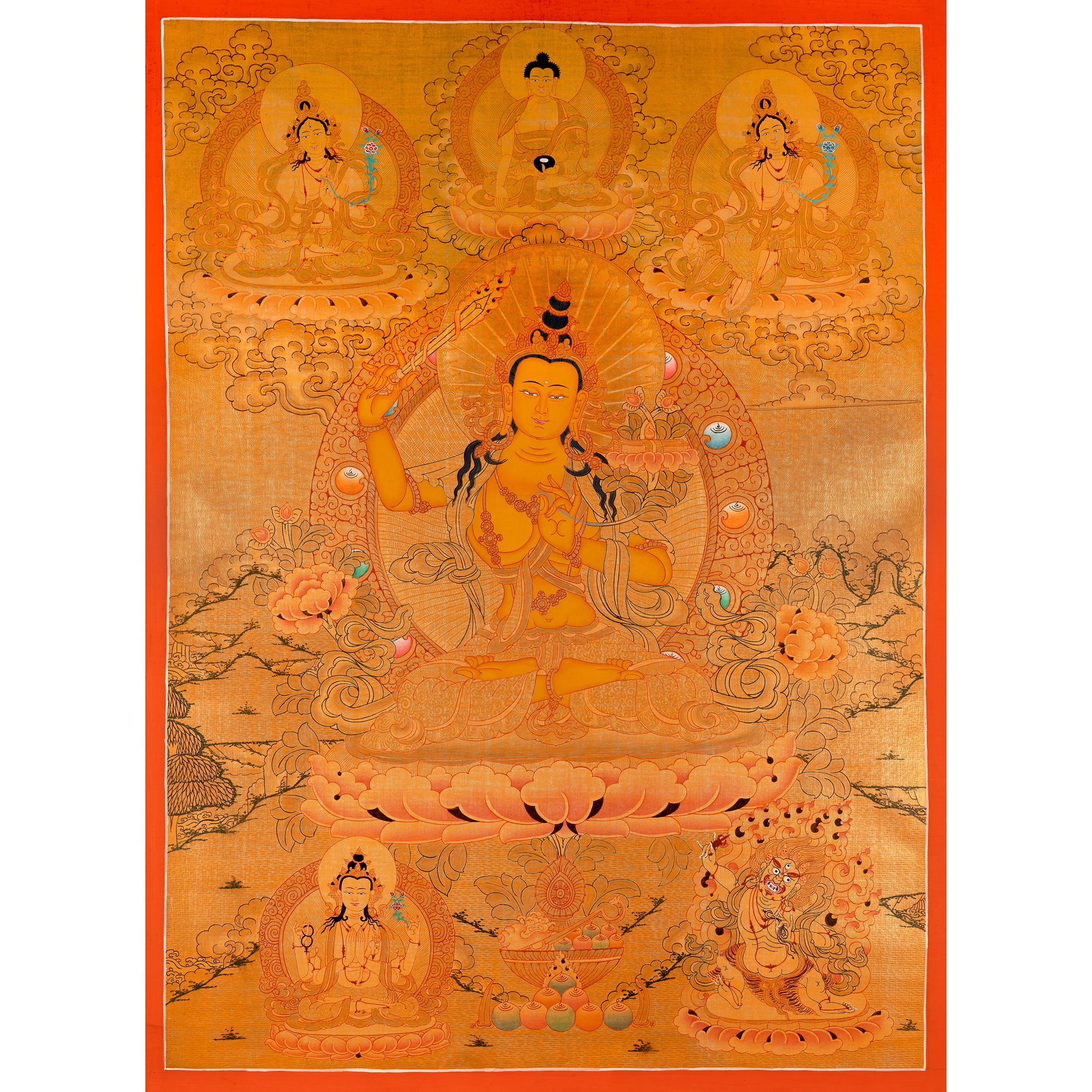 手描きのフルゴールドスタイルの文殊菩薩タンカ | 24Kゴールドチベット