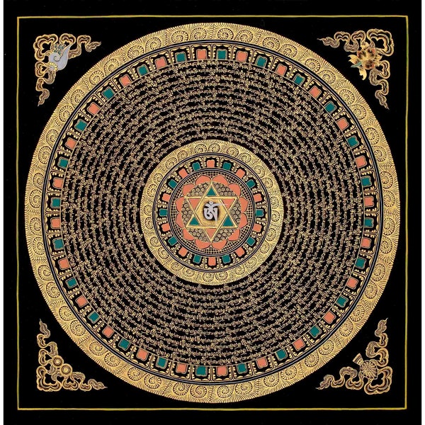 Mantra Mandala Thangka | Original Hand Painted Om Mani Padme Hum Thangka Art | Meditation and Yoga | Wall Hanging Decor | Zen Buddhism