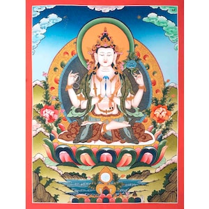 Avalokiteshvara Thangka Painting | 4 Armed  Chengrezig | Bodhisattva of Compassion |  Stunning Thangka Masterpiece | Good Luck to House