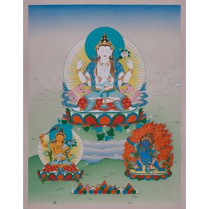 Avalokitesvara Thangka | The Three Great Bodhisattvas | Chenrezig with Manjushri & Vajrapani | Compassion, Wisdom, Power | Spiritual Artwork